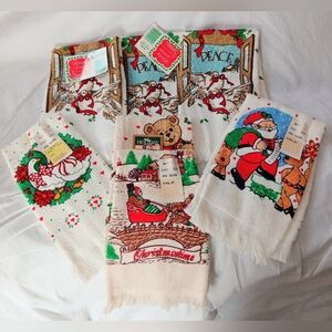 Vintage Fringed Kitchen Dish Towel Lot & Dish Rag Christmas Santa Roses NOS